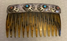 Viintage Native American Hair Comb Turquoise Coral Bear Paw Sterling Silver