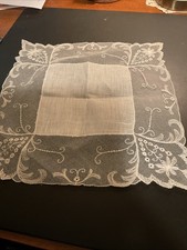 Beautiful Vintage Wedding Hankie Linen Lace White Handkerchief 11x11"
