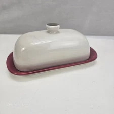 Holiday Cozy Ceramic Red And White Butter Dish Tray Gold Accent Knob Kitchen