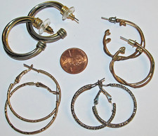 4 Pair Large Hoop Pierced Earrings Gold  Silver Patina Hoops