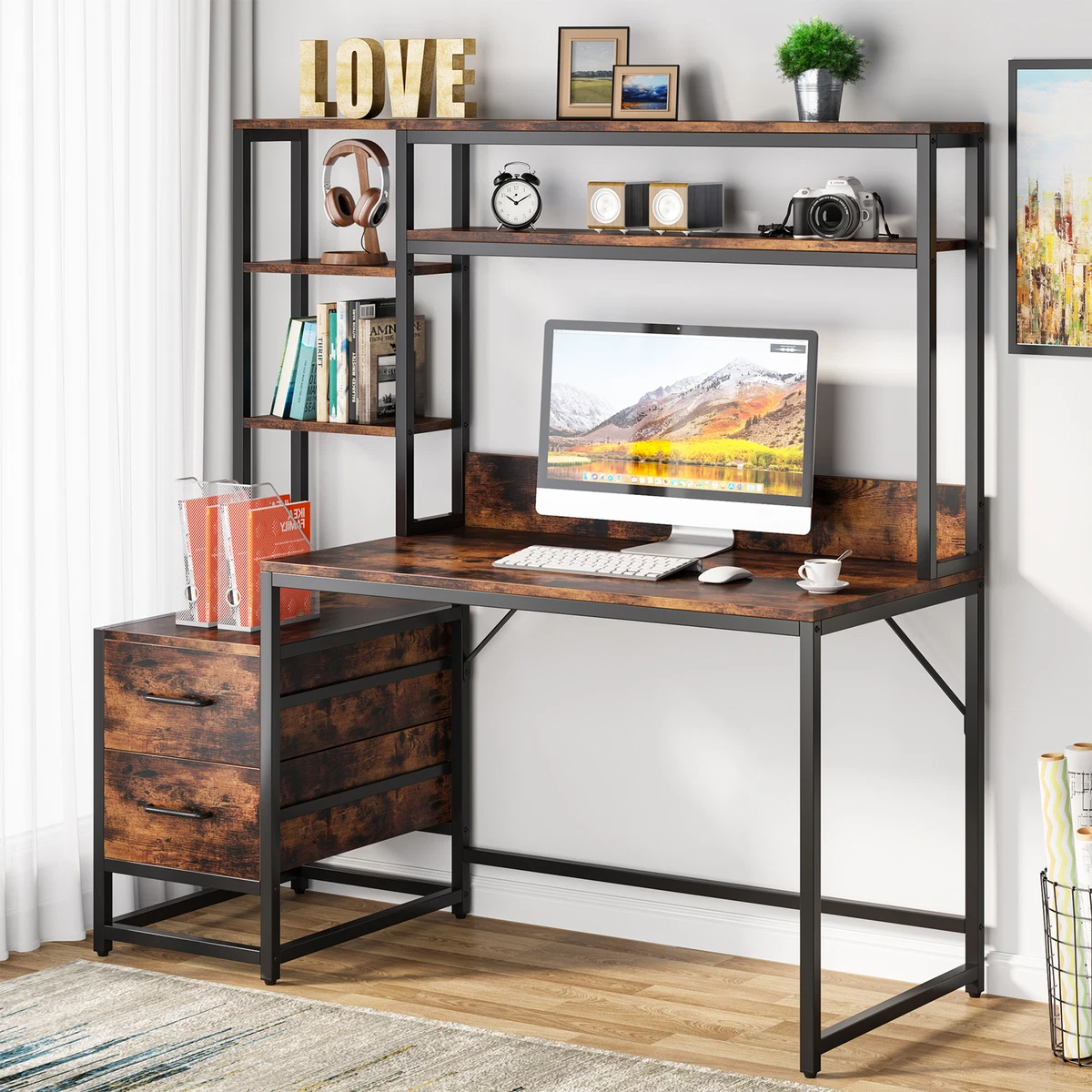 Home Office Computer Desk Hutches Big Storage Space Study Writing Table  with Storage Drawers and Bookshelf for Small Space Bedroom Study, Walnut