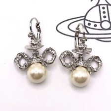 Vivienne Westwood Earrings Pierced Silver Ribbon Pearl Orb NO BOX EJ360