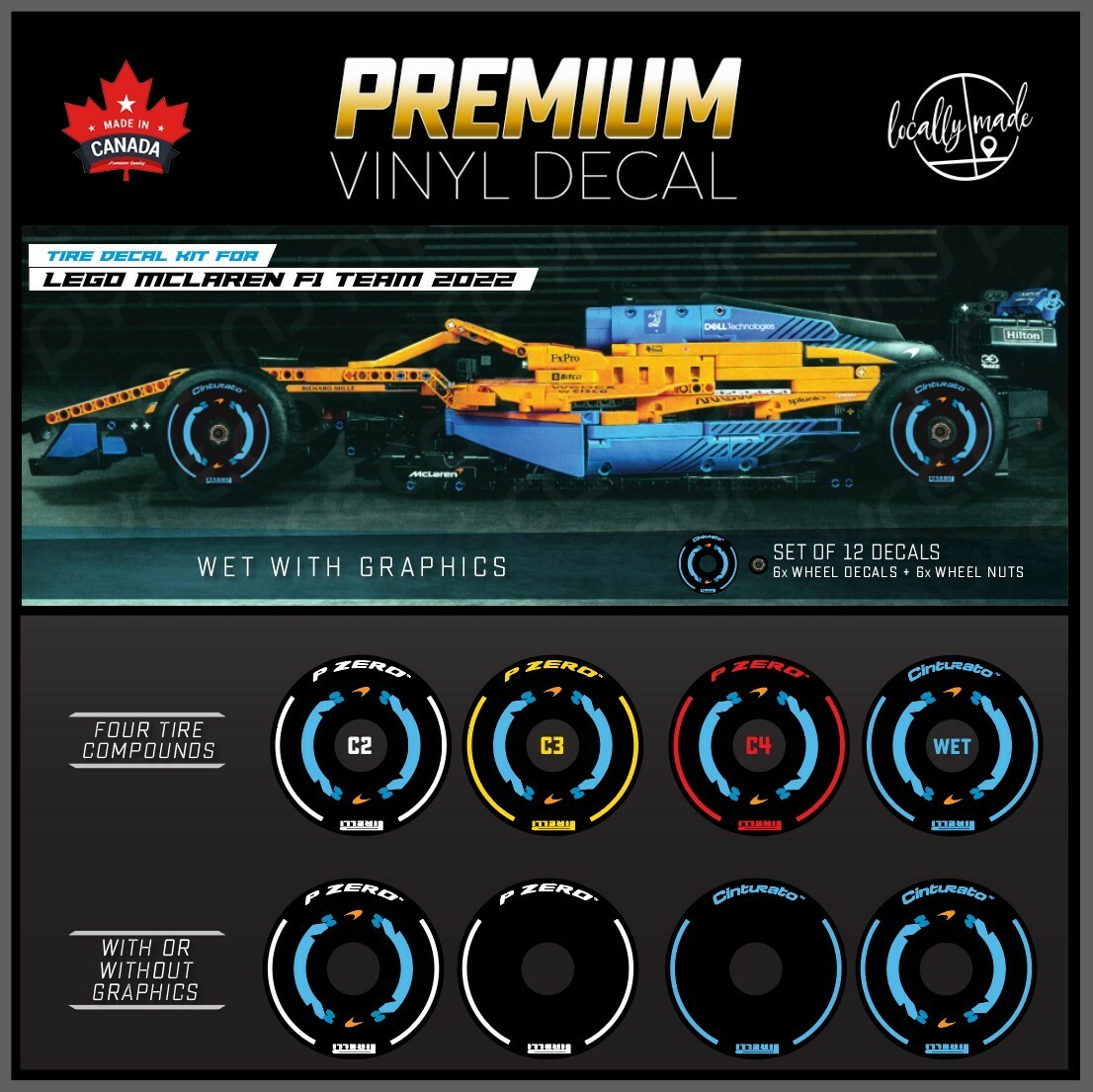 Tire / Wheel Decal Sticker Kit for Lego McLaren F1 Team 2022 Kit Tire / Wheel Decal Sticker Kit for Lego McLaren F1 Team 2022 Kit