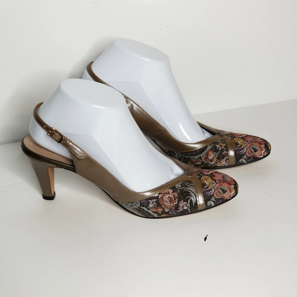VTG Johansen Slingback Tapestry/Leather 3 Inch Pumps Heels Shoes 9/32 4A/6A - Image 4 of 4