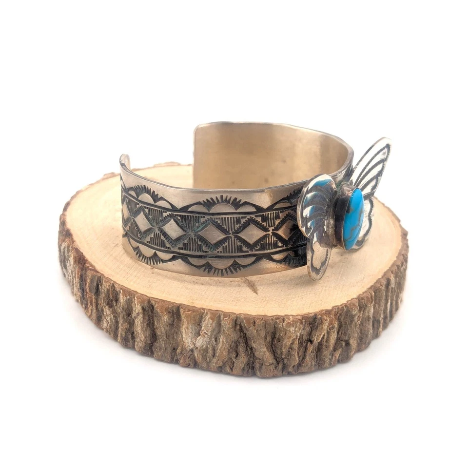 Brazalete Navajo Hecho a Mano Mariposa Nativo Americano Turquesa Plata talla 7 Foto 2 de 4