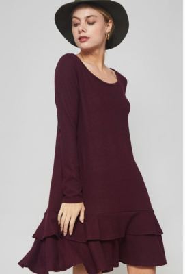Burgundy ruffled dress midi soft brush fabric