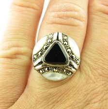 Vintage Sterling Silver Onyx Mother of Pearl MOP Marcasite Deco Ring Size 7
