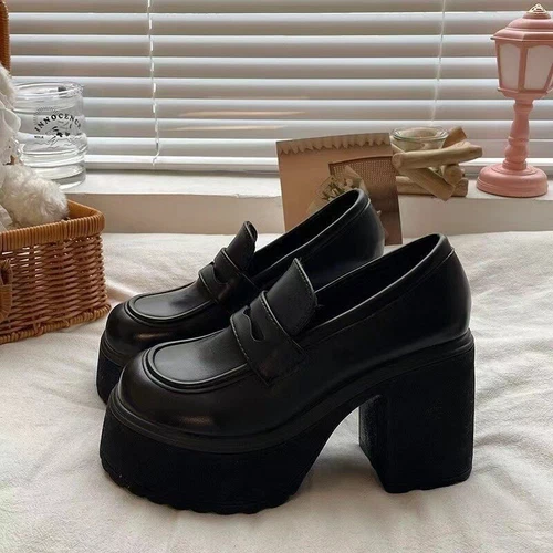 Plataforma Cuero PU Gótico Negro Grueso Tacones Altos Bomba Mocasines JK Uniforme Zapatos - Imagen 15 de 23
