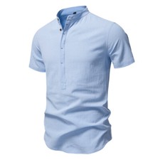 Summer Business Shirt Men's Short Sleeved Cotton Linen Stand Collar Cotton Shirt