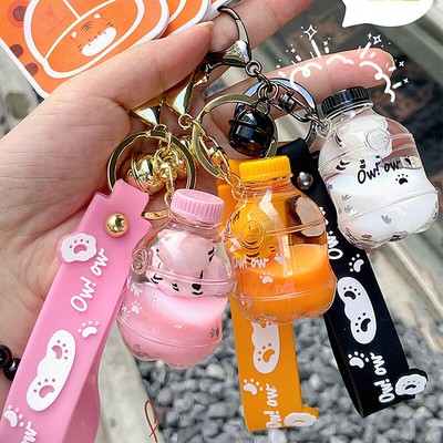 Liquid Oil Fat Tiger Quicksand Keychain Cute Soda Bottle Floating Peal Keyring-_