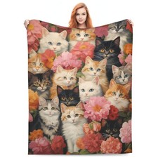 Cute Cat Blanket Gifts for Floral Lovers Girls Women Kitten Flower Flannel Th...