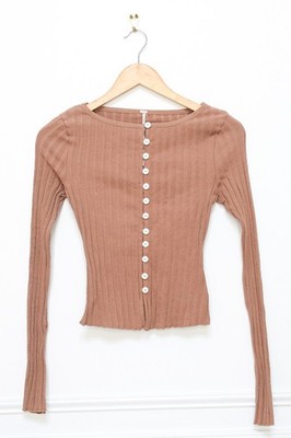 NWT Free People Tilly Ribbed Cardigan Button Front Top Brown Sz XS Boho Western