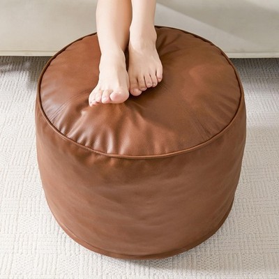Round Stuffed Pouf Ottoman, Pu Leather Poufs with Foam Chunk Filling, Furry and