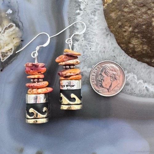 Tommy & Rosita Singer Sterling Silver Orange Spiny Oyster Bead Dangle Earrings - Picture 8 of 10