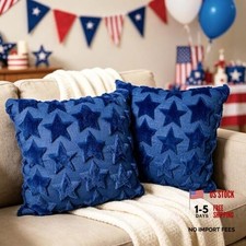 4th of July Pillow Covers 18x18 Set of 2 Blue Embroidery Independence Day 05