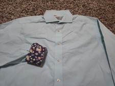 Eton Contemporary Shirt Mens 17 Blue Check Plaid Flip Cuff Long Sleeve Cotton