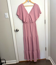 Simplee Women’s M Pink Solid V-Neck Smocked Ruffle Tie Flutter Maxi Dress
