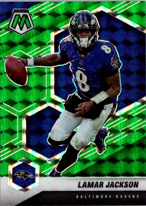 2021 Panini Mosaic Lamar Jackson #19 Green Mosaic Prizm Baltimore Ravens Card