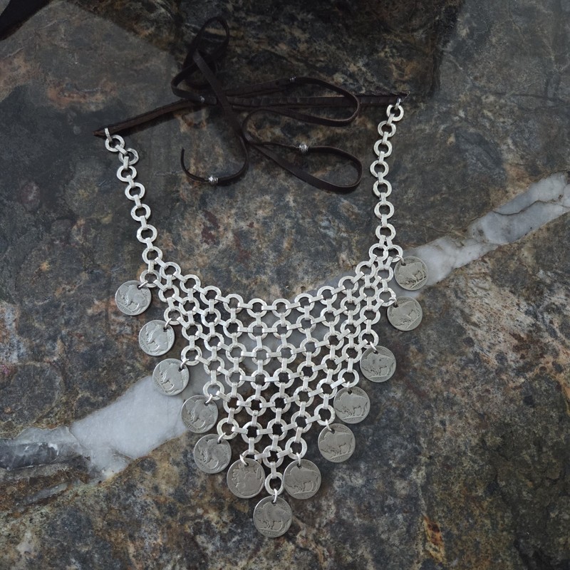 Vintage Handmade Metal Bib Necklace With Replica Buffalo Coins Charms