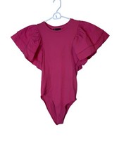 ZARA Bodysuit Womens Medium Pink Ruffle Flutter Sleeve Jersey One Piece