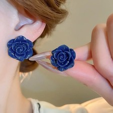 Hand Carved Blue Rose Flower Floral Healing Dainty Stud Earrings for Women - USA