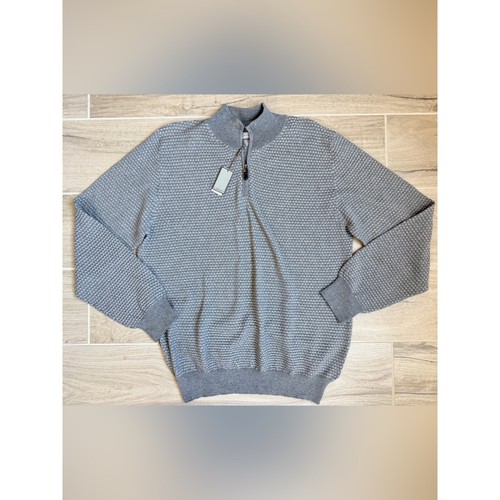 New Canali Mens 56 XL Gray Basketweave 100% Merino Wool Quarter Zip Sweater NWT