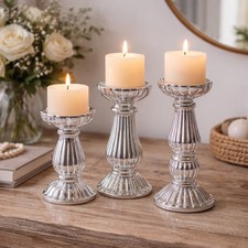 3pc Pillar Candle Holders Set Silver Home Decor Decoration Staggered Decorative