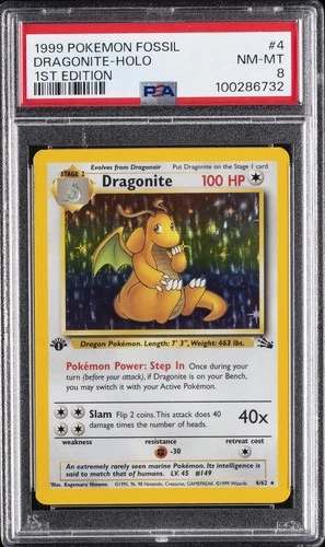 1999 POKEMON FOSSIL 1ST ED #4 DRAGONITE-HOLO PSA 8