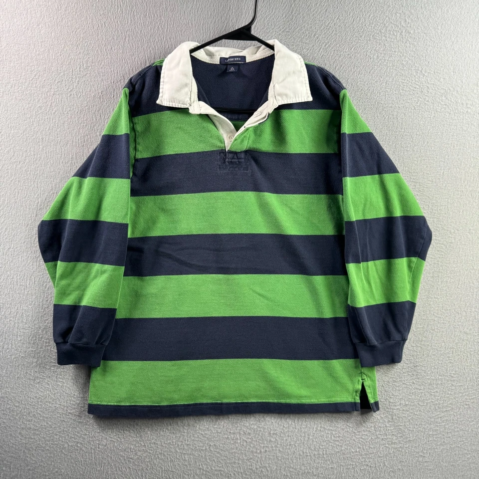 Vintage Lands End Rugby Shirt Youth Boys XL (Fits Mens Medium) Striped Cotton - Image 2 of 4