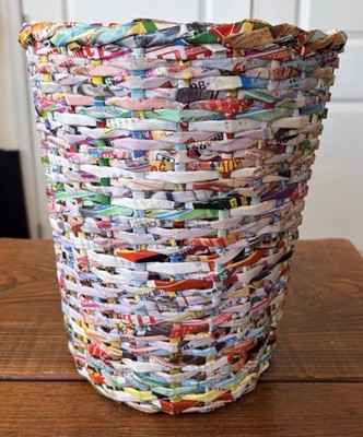 Recycled Paper/Magazine Handwoven Waste Basket Trash Can Unique Rare