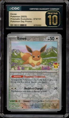Pokemon Eevee 2025 Pokemon Day Prismatic Evo Reverse Holo #074 CGC 10 Pristine