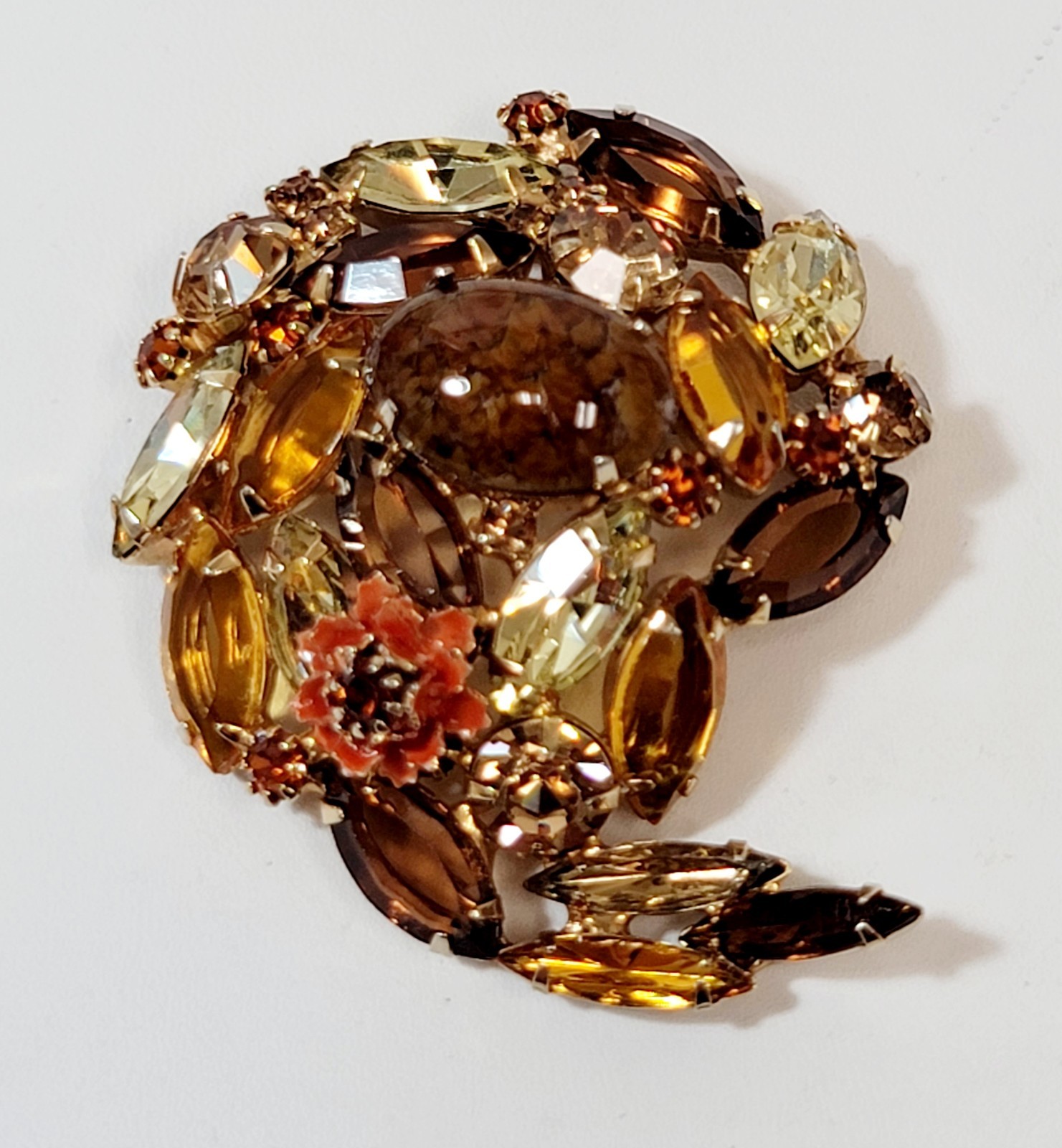 Vintage Alice Caviness Yellow Topaz Rhinestone Art Glass Enamel Flower Brooch