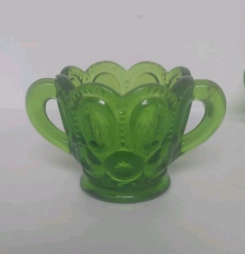 L E Smith Vintage Green Glass Sugar Bowl & Cream Pitcher Moon and Stars - Picture 4 of 11