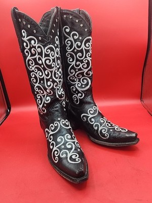 Lane Women's Black Western Cowboy Boots Rhinestone Scroll Embellishment Size 9 