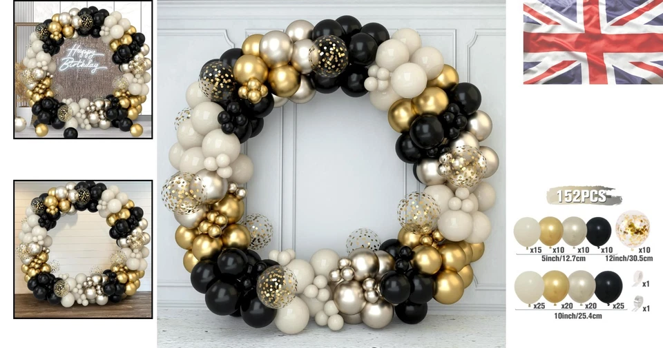Kit elegante arco balão preto e dourado 152 peças com confete para todas as celebrações - Imagem 2 de 4