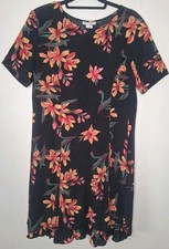 Vintage KDK Designs Shift Dress Black Floral Cottage Tunic Ruffle Rayon 14