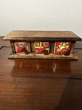 Artisan Created Wooden Apothecary Spice Box •Colorful Geometric Ceramic Drawers 