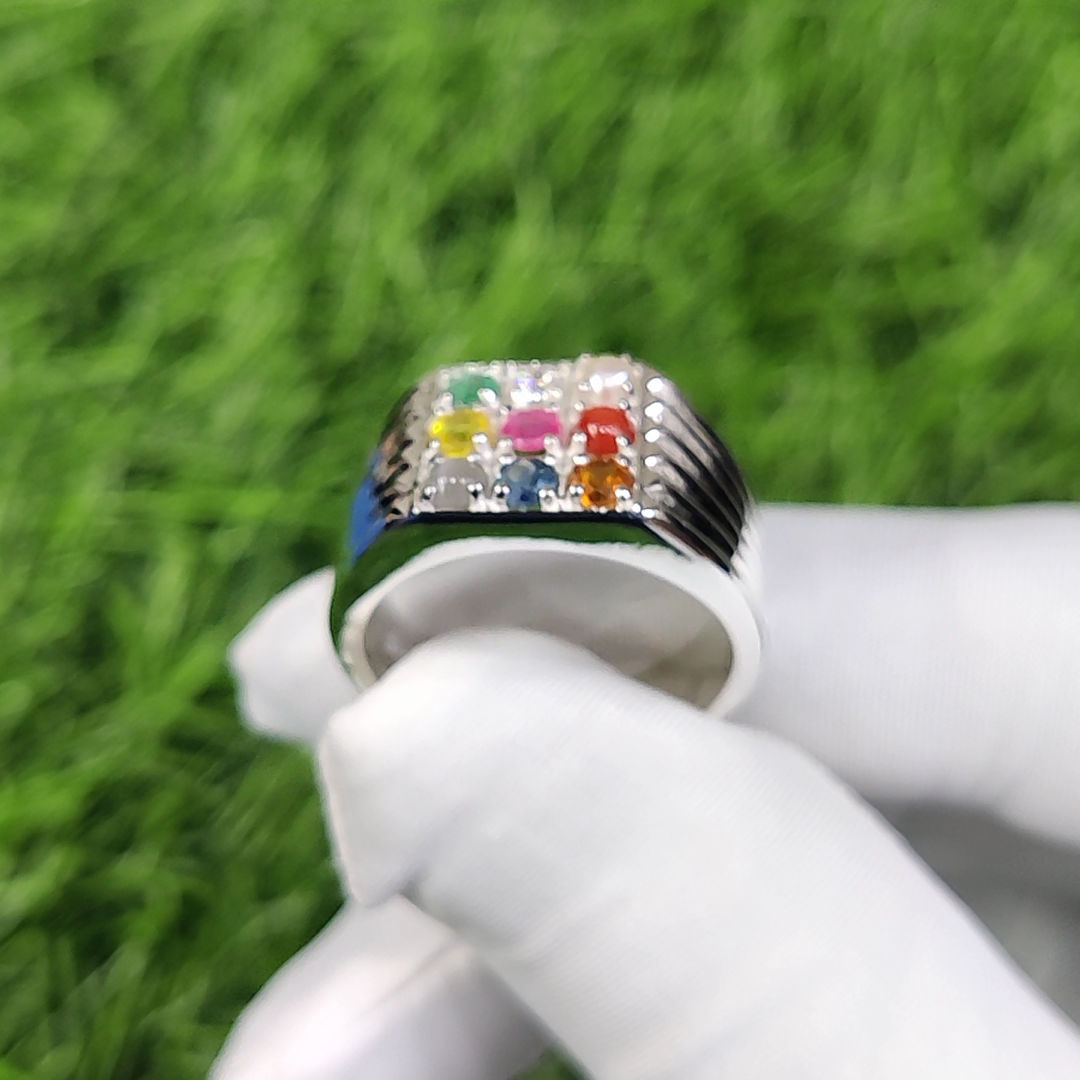 Natural Navaratna Gemstone with 925 Sterling Silver Ring for Men's
