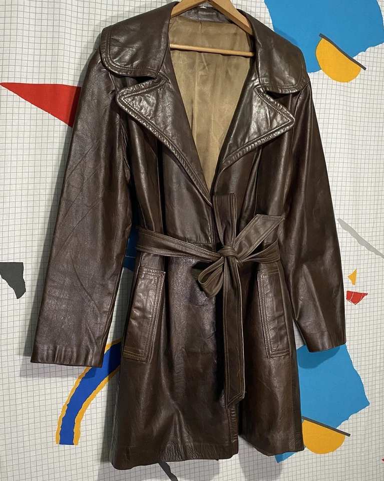 Gabardina de cuero de piel de colección de los años 60 envoltura de cinturón abierta solapa ancha Altman Foto 2 de 4