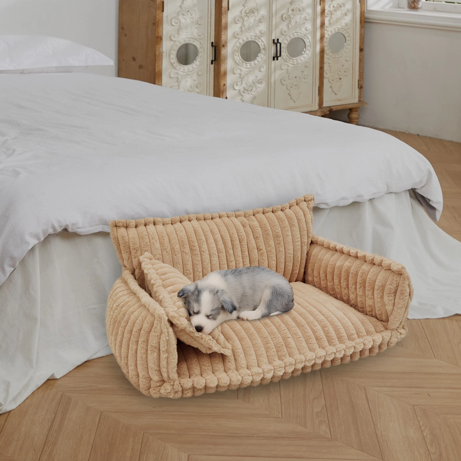 Pet Couch Calming Bed with Removable Washable Cover & Pillow for Dog and Cat