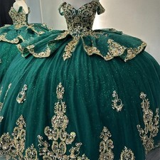 Emerald Green Quinceanera Dresses Gold Lace Applique Beads Corset Sweet 16 Gowns