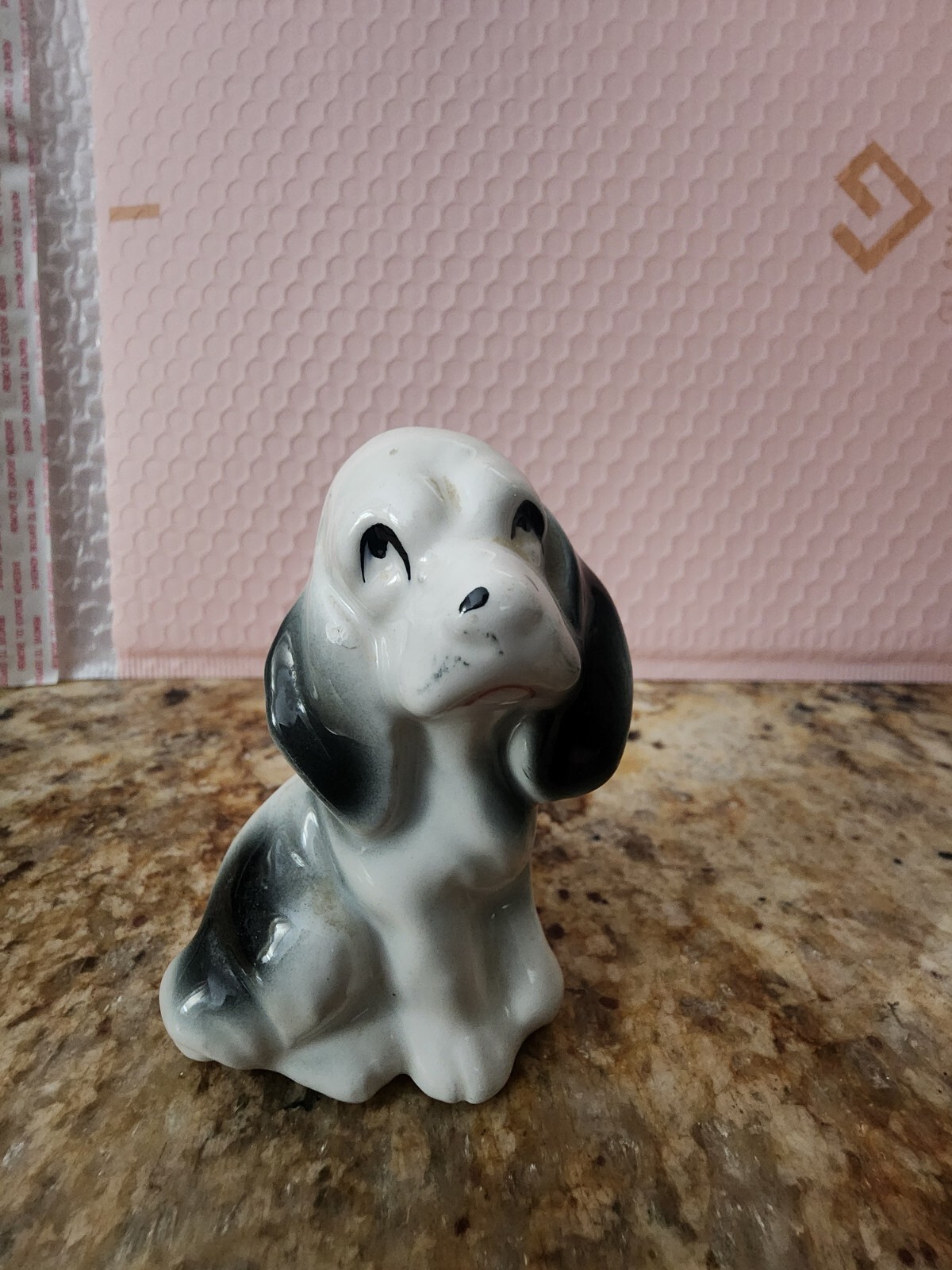 Vintage Black and White Spaniel Dog Figurine Japan with Minor Chip on Back