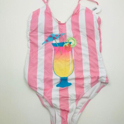 Sugar Coast by Lolli Pink & White Striped Summer Drink One Piece Swimsuit Small