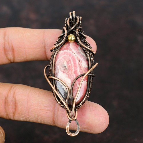 Heart Chakra Rhodochrosite Stone Anniversary Wire Wrapped Sister Pendant Copper - Picture 2 of 7