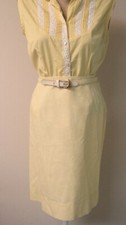 Vintage Yellow Seersucker Straight Skirt, 60s 70s Belt Side Zip M