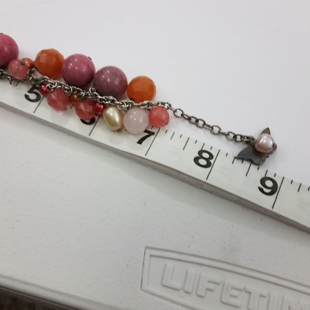 Pink Orange Beaded Bracelet Chunky Statement Silver Tone Butterfly Charm Pearl