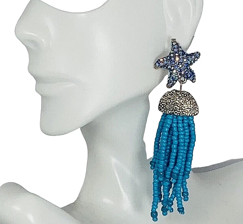 Pendientes colgantes largos de medusa azul Betsey Johnson cristal cangrejo alta costura Foto 2 de 4