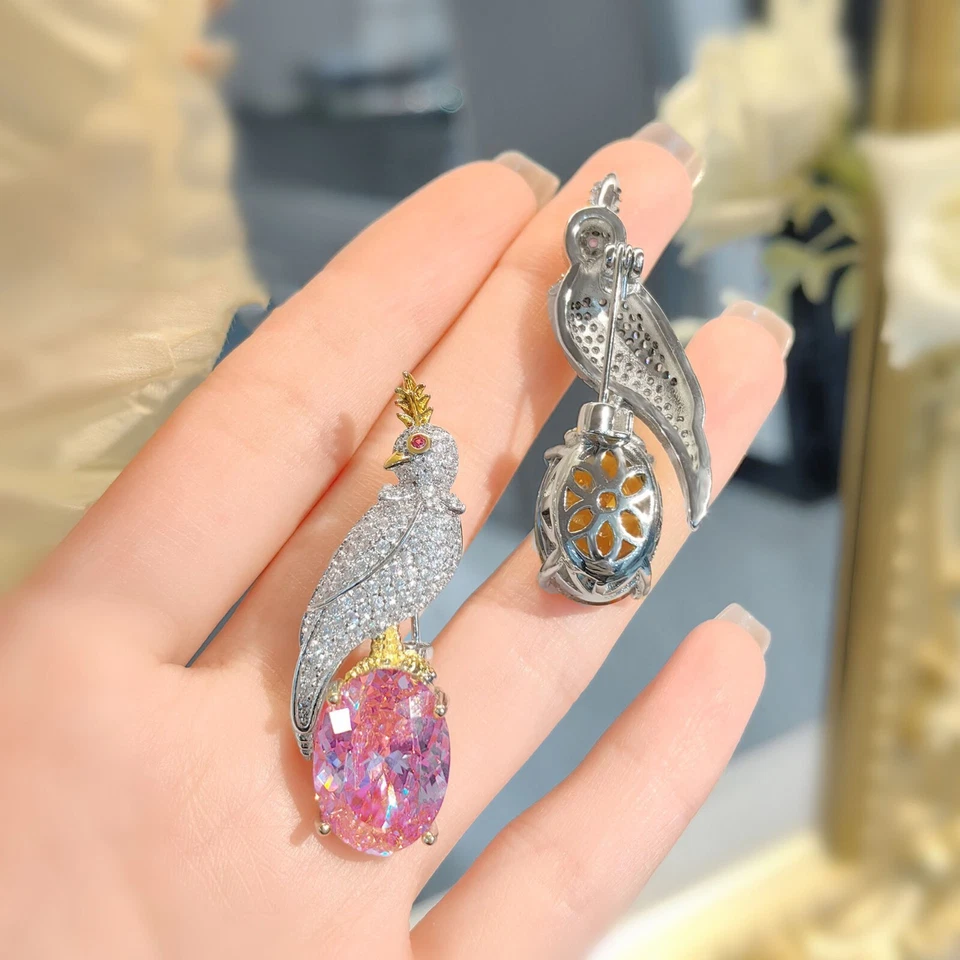 New Bird Design Oval Pink Topaz Gemstone Two Usage Women Silver Necklace Brooch - Image 4 of 4