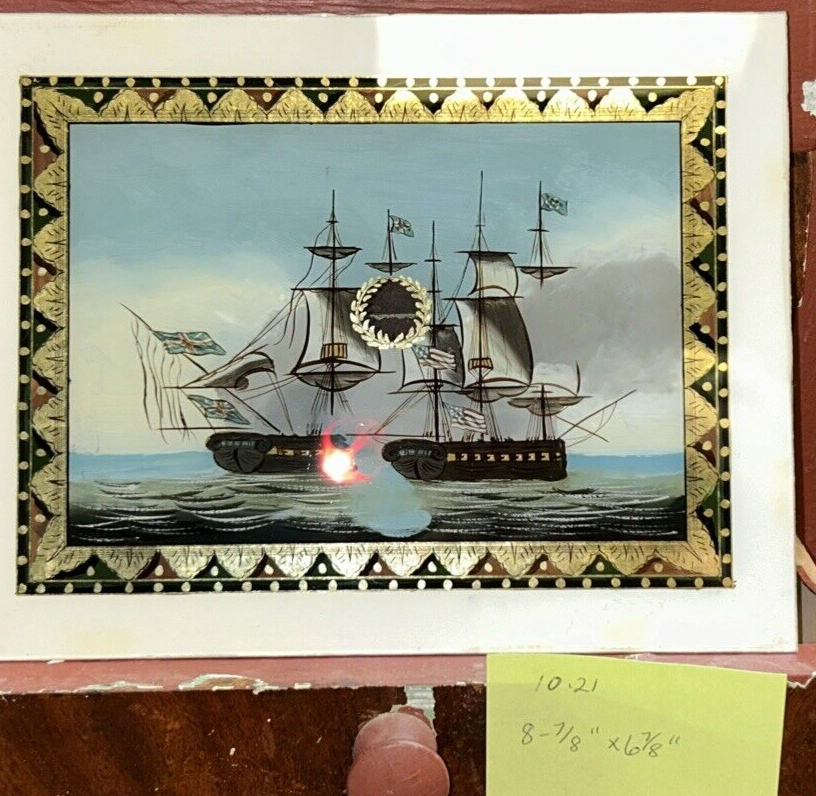 1021 Antique Reverse Painted Glass of Ships Battle for Lower Banjo