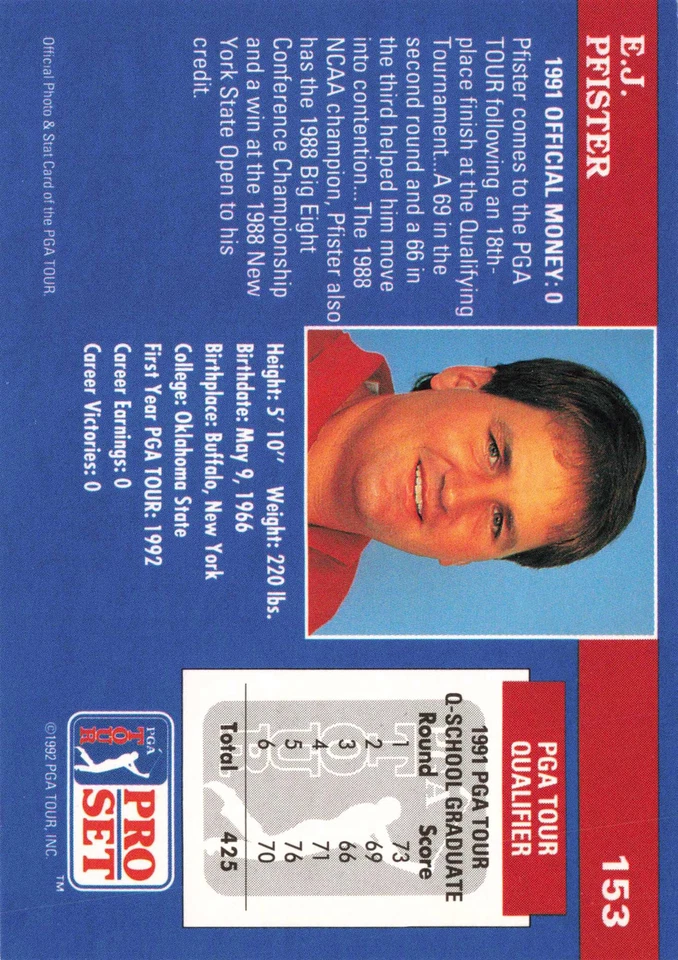 E.J. Pfister #153 1992 Pro Set PGA Tour Golf - Image 2 of 2